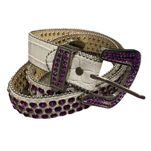 Rhinestones Western Belt Leather‎ White Purple Size XL By DNA Premium Wear